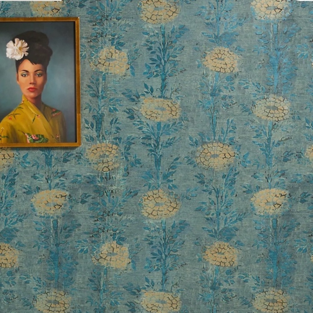 Anthropologie York French Marigold Turquoise Textured Floral Wallpaper